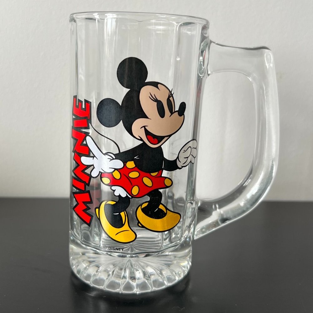 (2/$25) Walt Disney Productions Vintage Minnie Mouse Clear Glass Stein Mug Cup